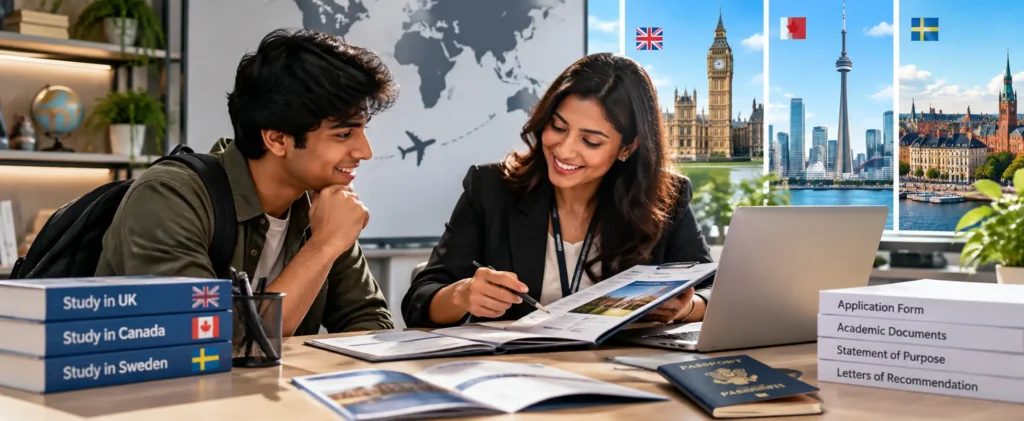 Student receiving guidance on international university applications and admission documents