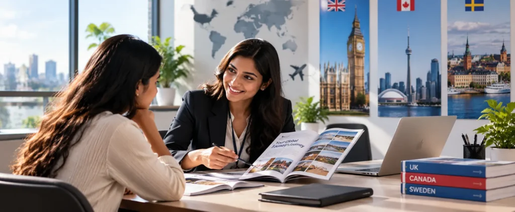 Study abroad counsellor guiding an Indian student through international university and course options