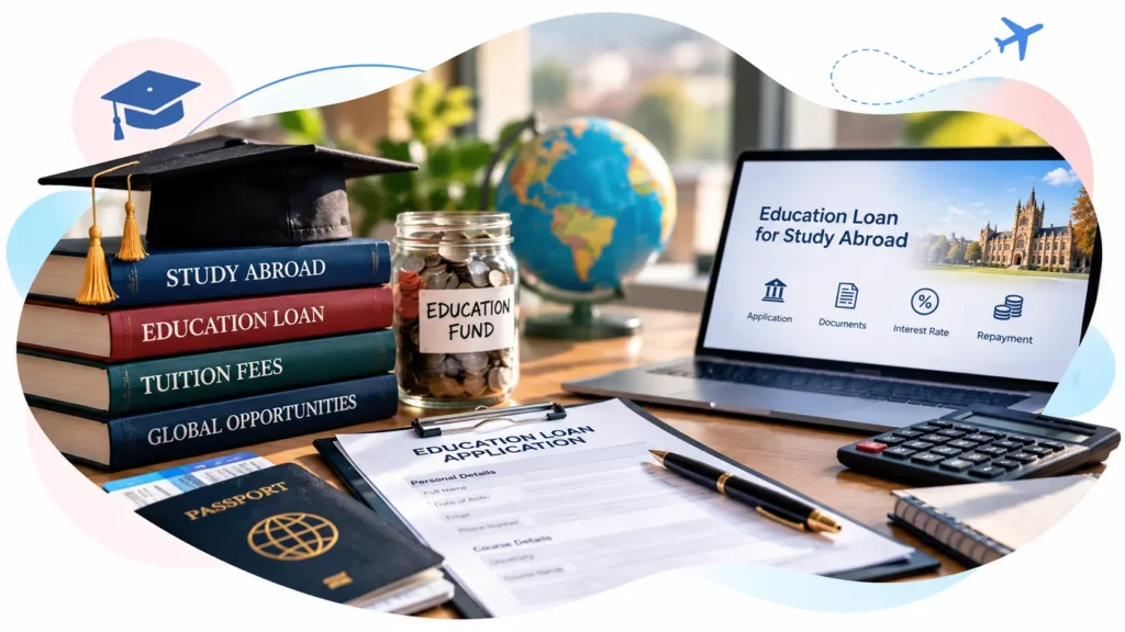 Financial documents and loan planning materials arranged on a desk for overseas education funding