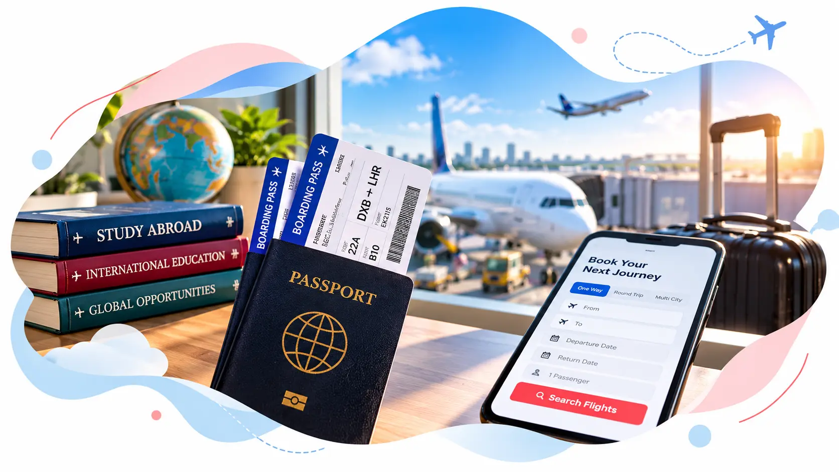 Flight tickets, boarding passes and travel essentials prepared for an international student journey