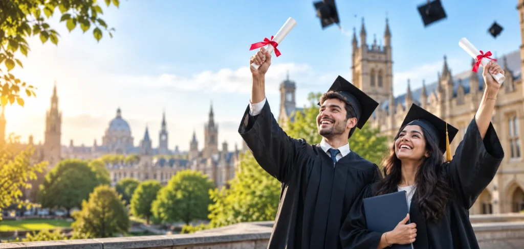 nternational graduates celebrating their academic achievements at a university campus
