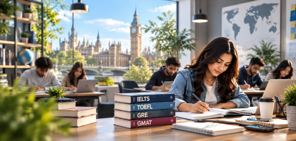 Student preparing for IELTS, TOEFL, GRE and GMAT exams in an international study environment