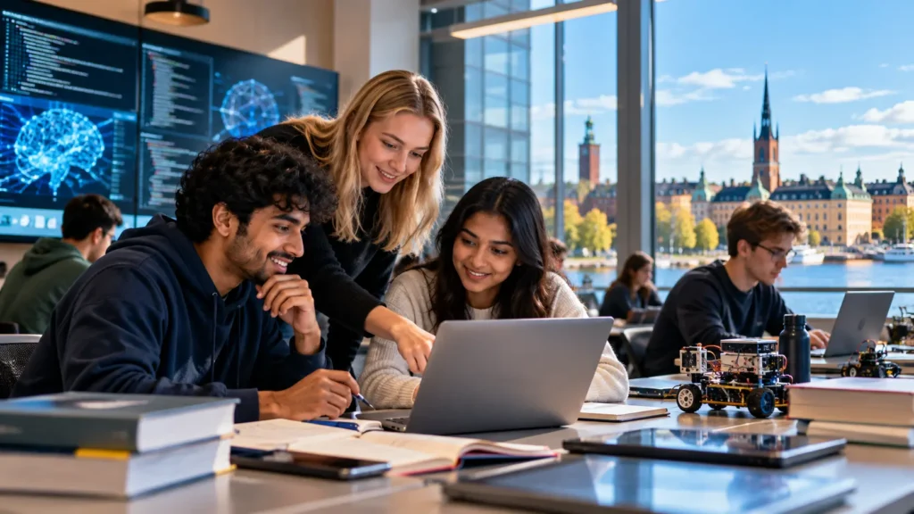 nternational university students collaborating on technology, coding and engineering projects in Sweden