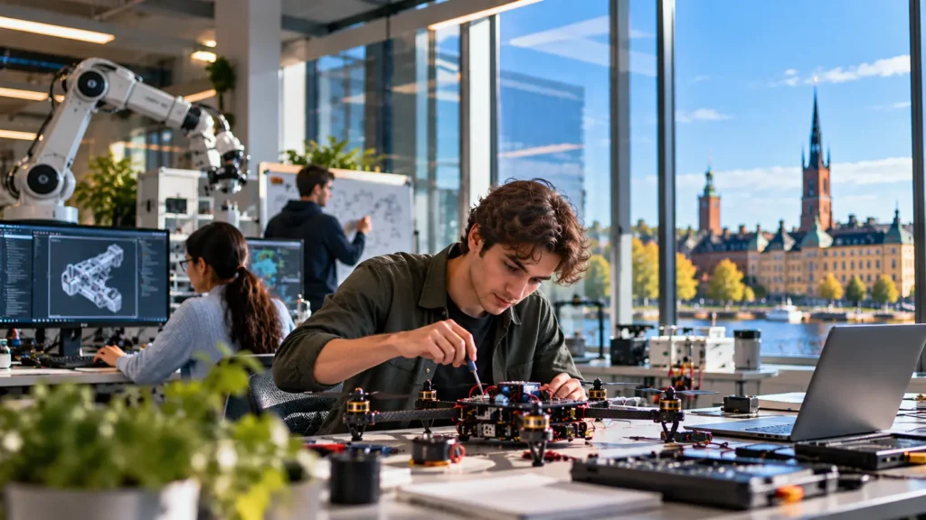 University engineering student working on a drone in a modern technology lab in Sweden